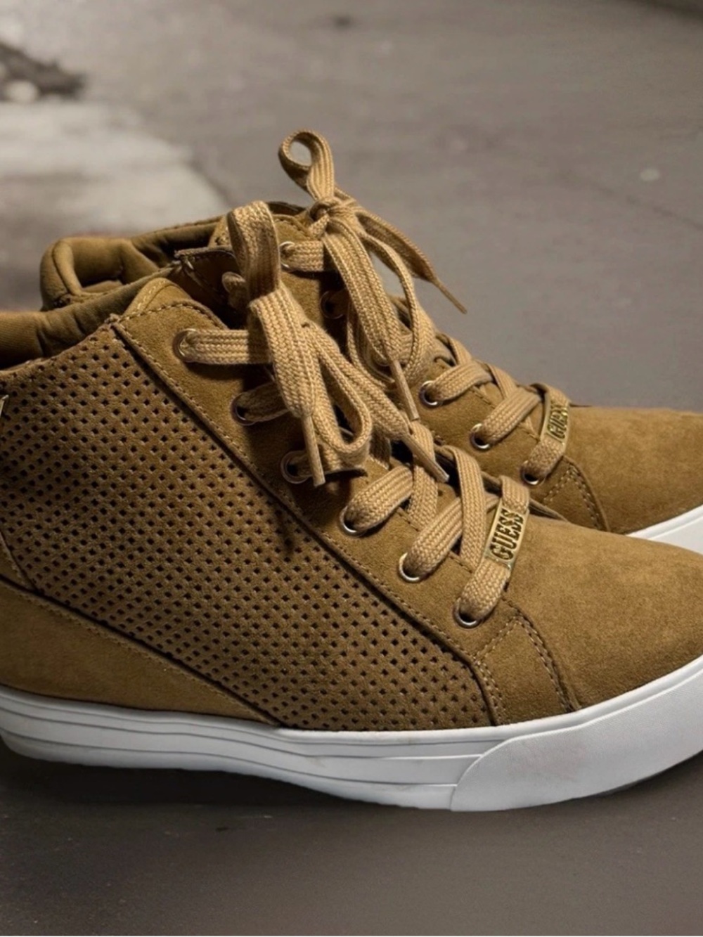 GUESS Tan Suede Wedge Sneakers with White Sole